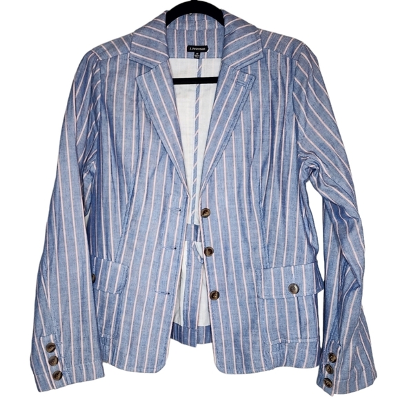 J. Peterman blue stripe cotton blazer. Pockets. Cinch back. Women's Size 10. - Picture 1 of 16